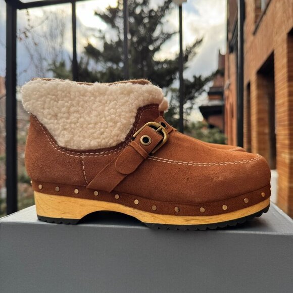 New Free People Oak Clog Boots Brown Suede Buckle Cream Sherpa Platform Shoes - Picture 1 of 14